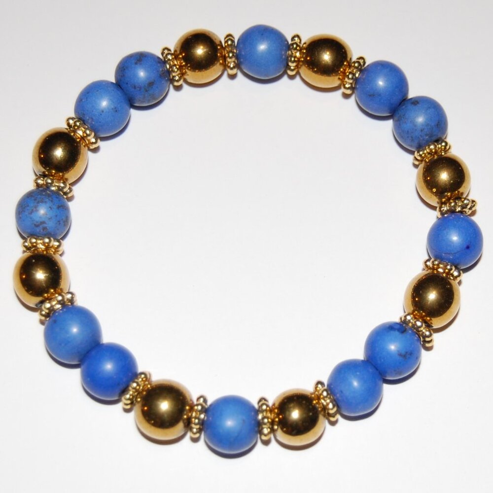 Blue and Gold Bracelet,Stone and Golden 8mm Beads,Handmade Bracelet